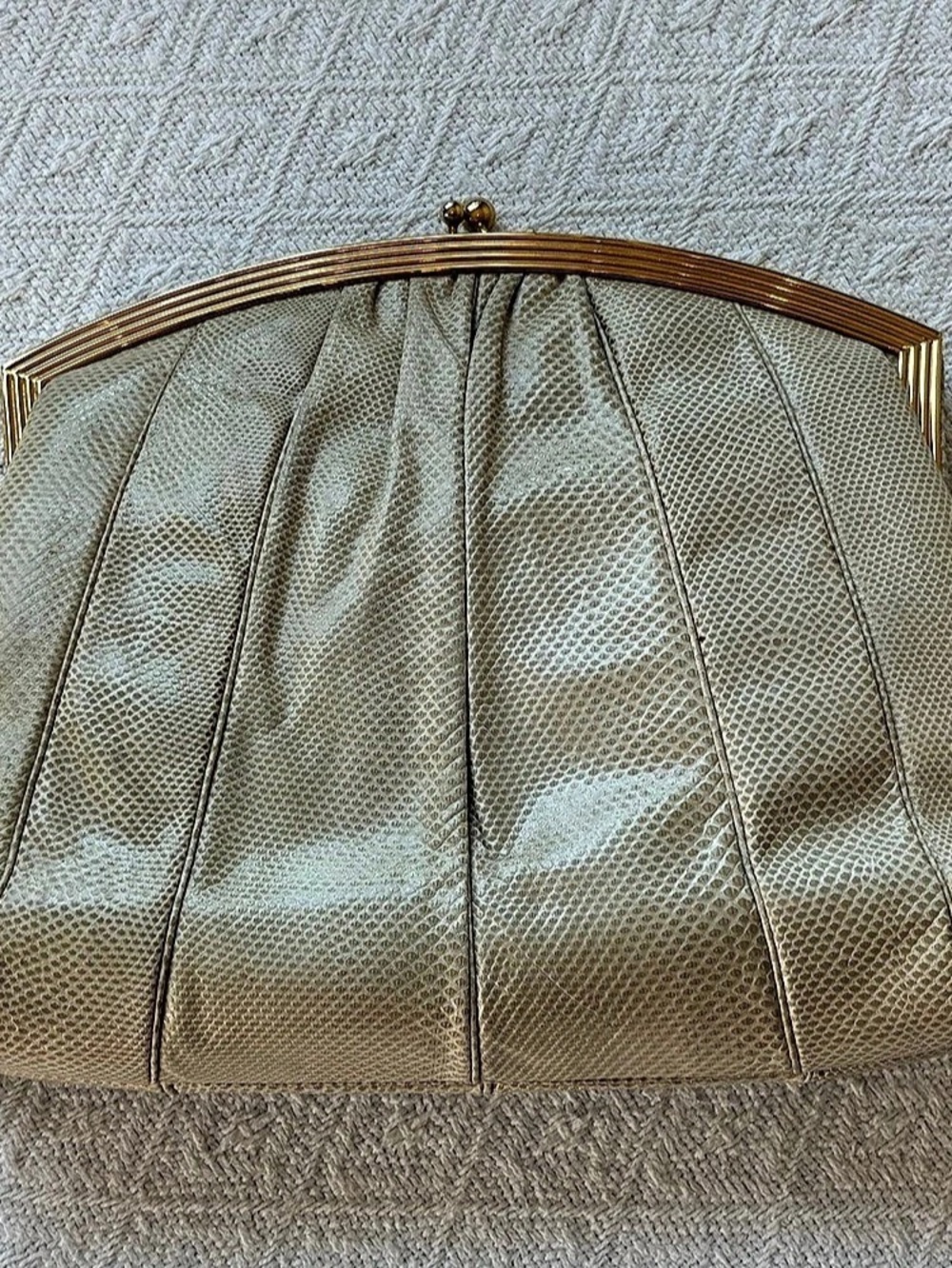 Vintage Judith Leiber Kiss Lock Ivory Snakeskin Embossed Gold Frame Evening Bag